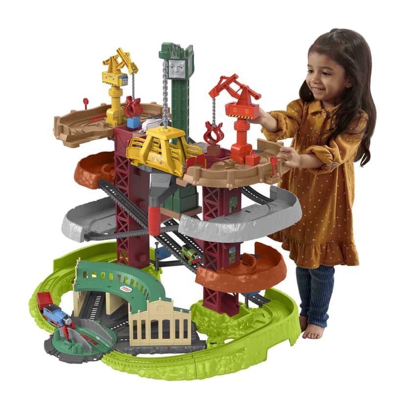 Thomas & Friends Toy Track Set, Multi-Level Playset, Trains & Cranes Super Tower, 2.5 Ft Tall with Thomas, Percy & Harold, Spinning Turntable​​