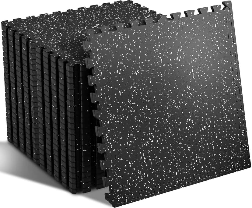 SUPERJARE 0.56'' Thick 48 Sq Ft Rubber Top Gym Flooring for Home Gym | High Density Gym mat with Upgraded Rubber Top, 12 Pcs Interlocking EVA Foam Exercise Equipment mat, Workout Mat, Black/Grey