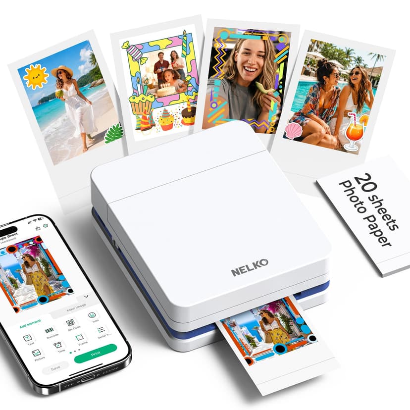 Nelko PP01 Photo Printer, 2x3 Portable Photo Printer, Mini Printer, White | Instant Color Inkjet Printer for Smartphone, Sticky-Back Photos, Bluetooth Compatible with iOS & Android, AI App Editing