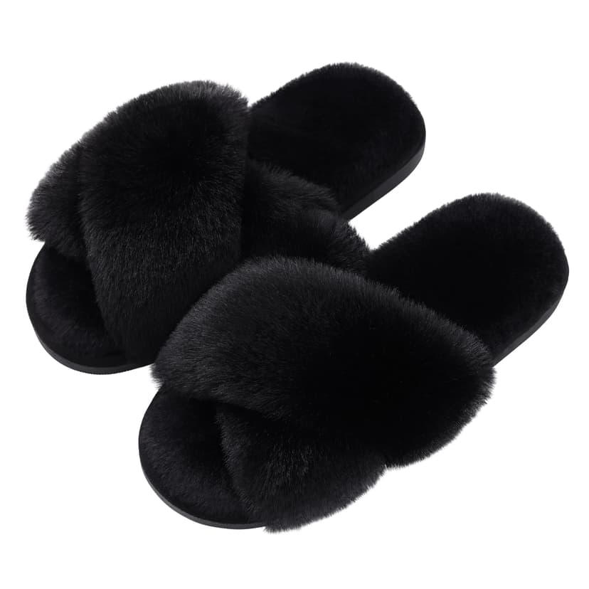 Evshine Memory Foam Fuzzy House Slippers for Women | Faux Fur Cross Band Open Toe Indoor Slippers, Gifts for Women, Moms and Bridesmaids