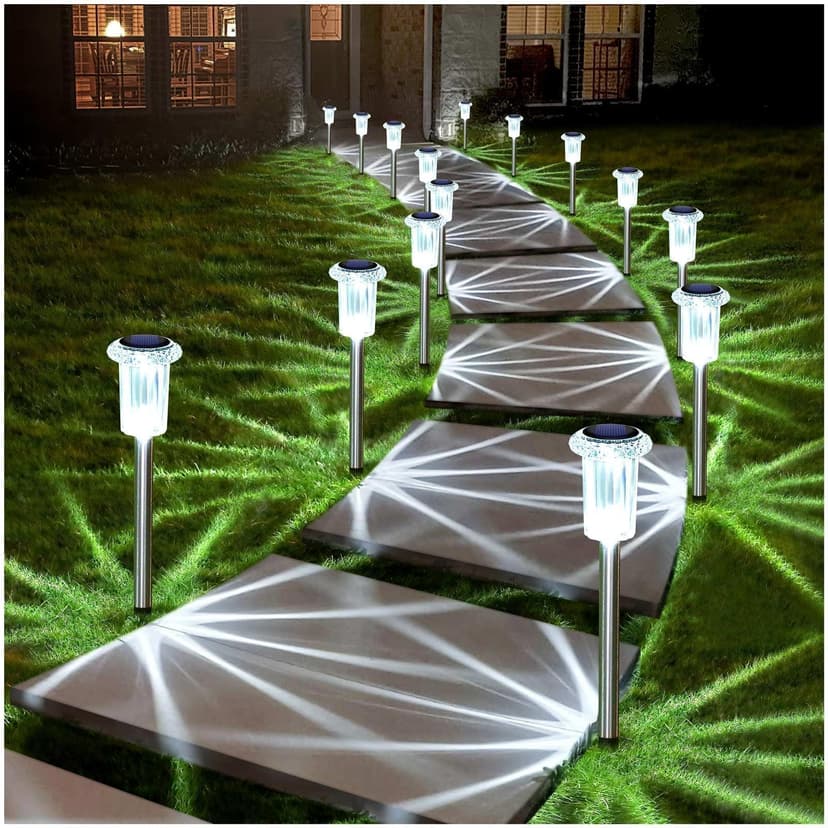 DenicMic Solar Lights Outdoor Waterproof 10 Pack Pathway Lights Cool White | Stake Lights for Yard Garden Driveway Walkway Outside Landscape Path Lights, Auto On/Off 6000K LED, Stainless Steel Pole