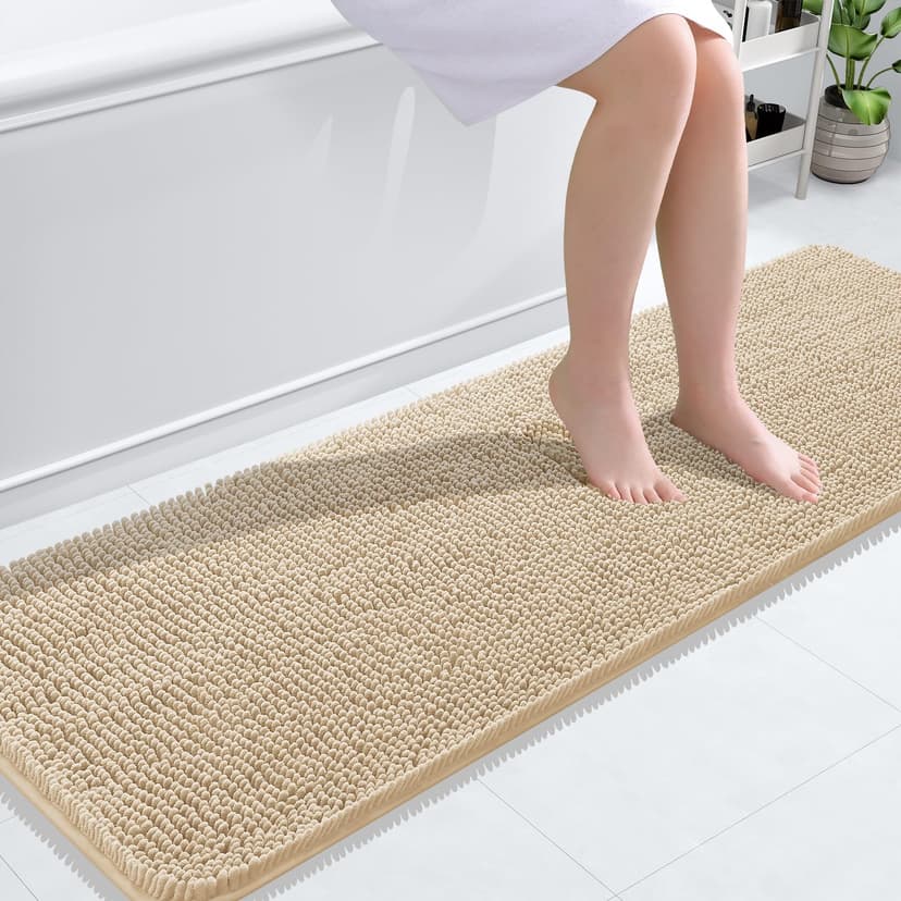 OLANLY Bathroom Runner Rugs 59x20, Extra Soft Absorbent Chenille Bath Rugs | Beige, Quick-Drying Rubber Backing, Machine Washable Long Bath Mat for Bathroom Floor, Tub and Shower, Home Decor Accessori