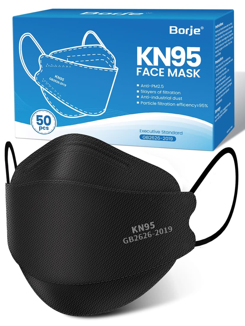 Borje KN95 Face Masks for Adults 50 Pack,5-Ply Black Disposable Face Mask Against PM 2.5 Smoke & Dust, Filtration Efficiency 95%