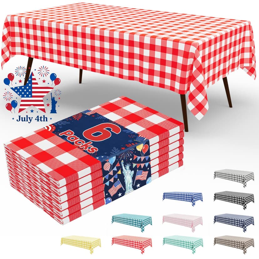 misaya 6 Packs Buffalo Disposable Table Cloth, 54 x 108 Inch Waterproof Plastic Tablecloth, Rectangle Red and White Checkered Table Covers for Picnic, Birthday, 4th of July Party