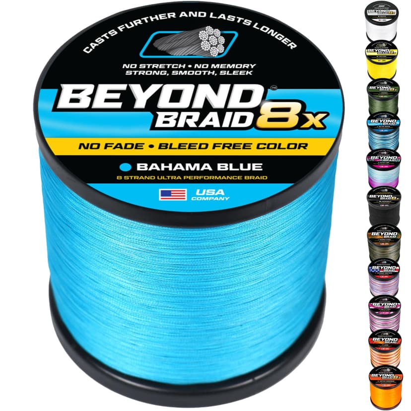 Beyond Braid Braided Fishing Line -Super Strong - Abrasion Resistant - No Stretch -Blue Camo, Moss Camo, White, Green, Pink, Blue, 4 Strand 8 Strand