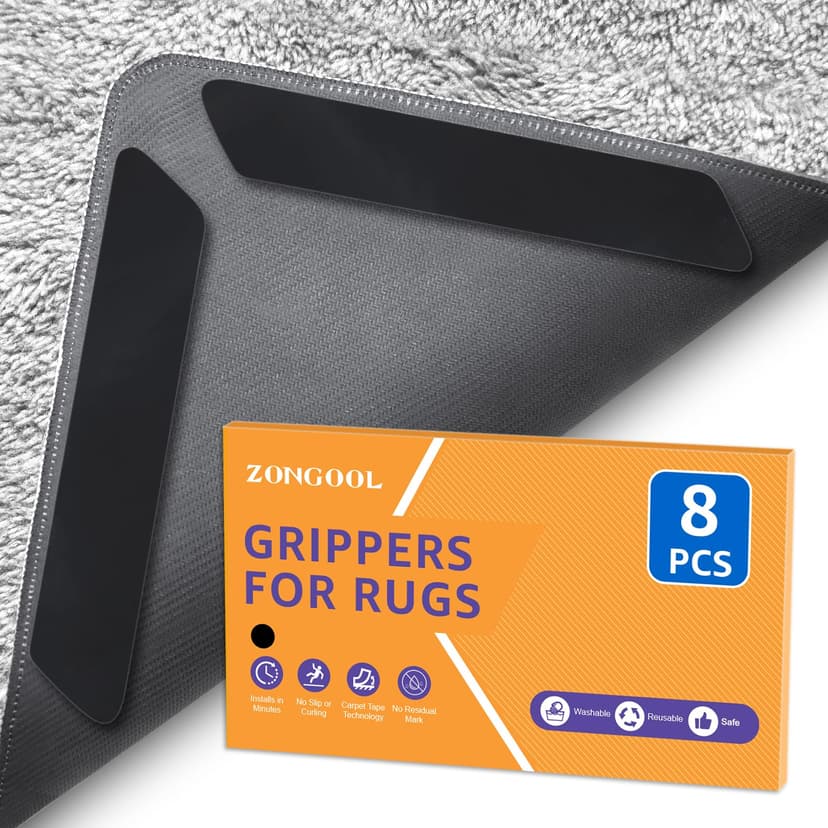 ZONGOOL 8PCS Rug Tape Non Slip Rug Pad Grippers Double Sided Carpet Tape | No Damage Floor Reusable Washable Grippers No Residue Rug Corners For Hardwood Tile&Laminate Floors Anti-Curl Rug Stickers