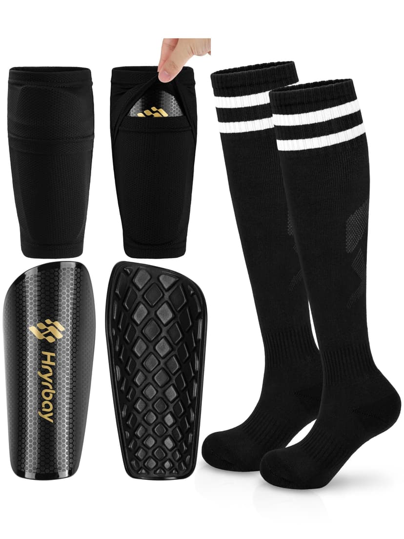 Hryrbay Kids Soccer Shin Guards with Sleeves and Socks Youth Shin Pads Set | High-Strength PP Shell, EVA Backing, Age 3-16, Protective Lightweight Soccer Equipment, Ideal for Playing Training