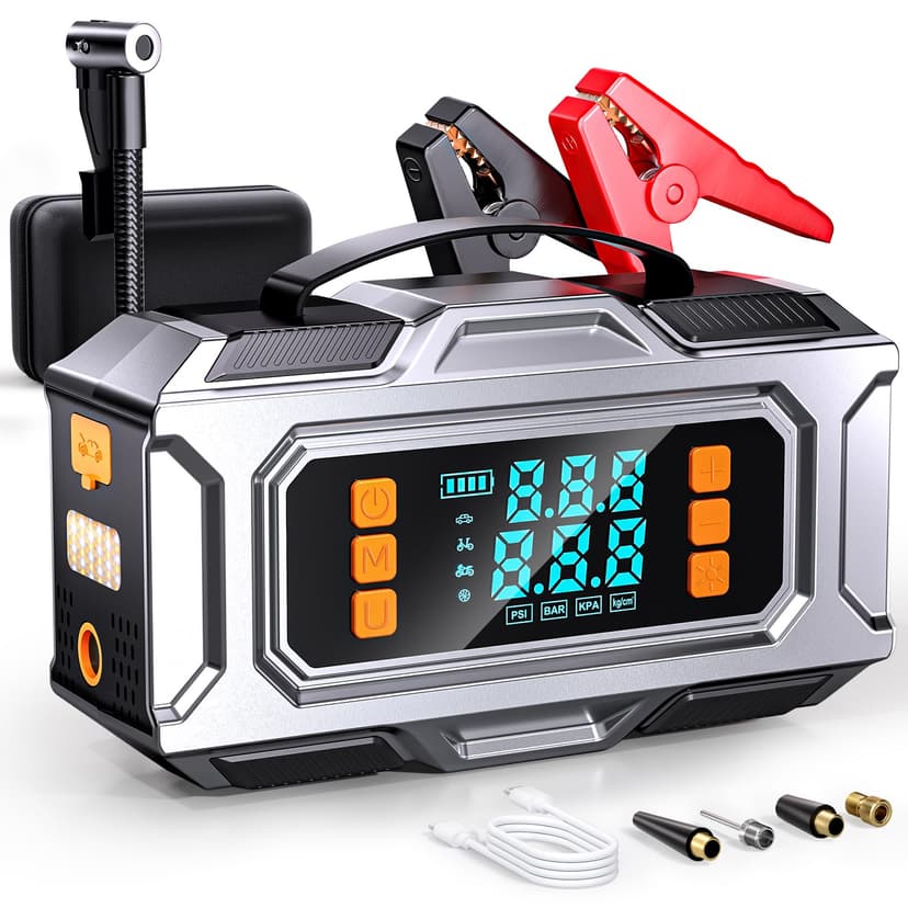 8000A Jump Starter with Air Compressor, 180PSI Auto-Shutoff Tire Inflator | 12V Car Battery Jumper Starter Portable (9L Gas/8L Diesel) Engines, Jump Box with Jumper Cables, LED Light, Power Bank