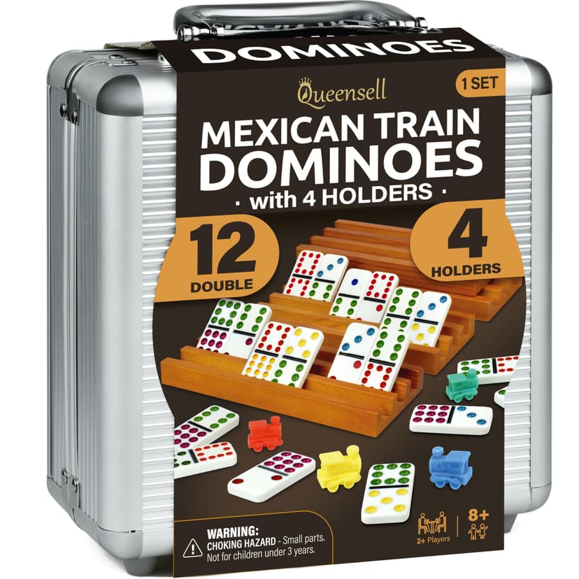 Mexican Train Dominoes Set with 4 Holders - Dominoes Double 12 with Wooden Hub and Tiles Holders - Double 12 Dominos Set for Family Game Night for Adults and Kids Ages 8 and up (D12 + 4 Holders)