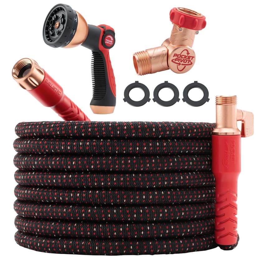 Pocket Hose Ballistic 100 FT Expandable Garden Hose, No-Kink, As Seen on TV | Anti-burst sleeve reinforced with bulletproof fiber, 360° swiveling pocket pivot connector, lightweight compact design