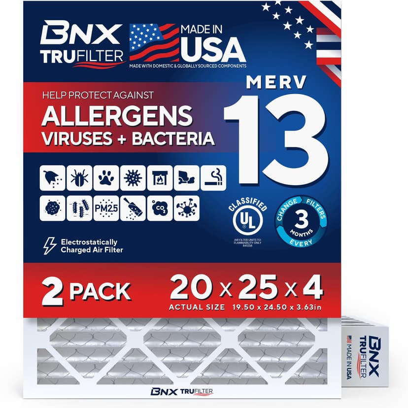 BNX TruFilter 20x25x4 (19.5’’ x 24.5’’ x 3.63‘’ Slim Fit) MERV 13 Air Filter (2-Pack) - MADE IN USA - Air Conditioner HVAC AC Furnace Filters Health, Allergies, Mold, Bacteria, Smoke, MPR 1900 FPR 10