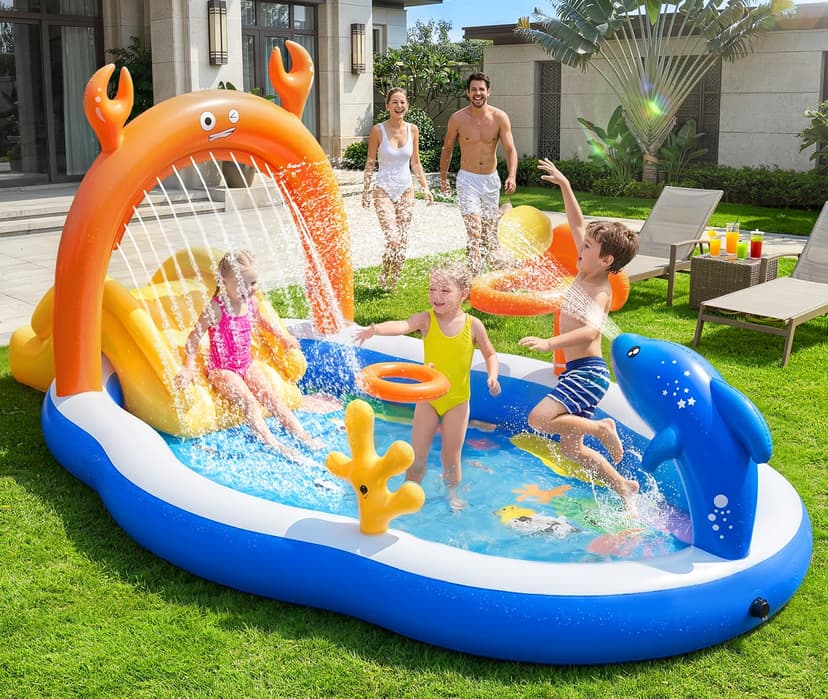 LuxPool 2026 Large Inflatable Play Center,Toddler Pool with Water Slide&Sprinkler,120"x70"x50"Inflatable Kiddie Pool with Slide,Backyard Kids Water Slide,Blow-Up Splash Pad for Toddlers