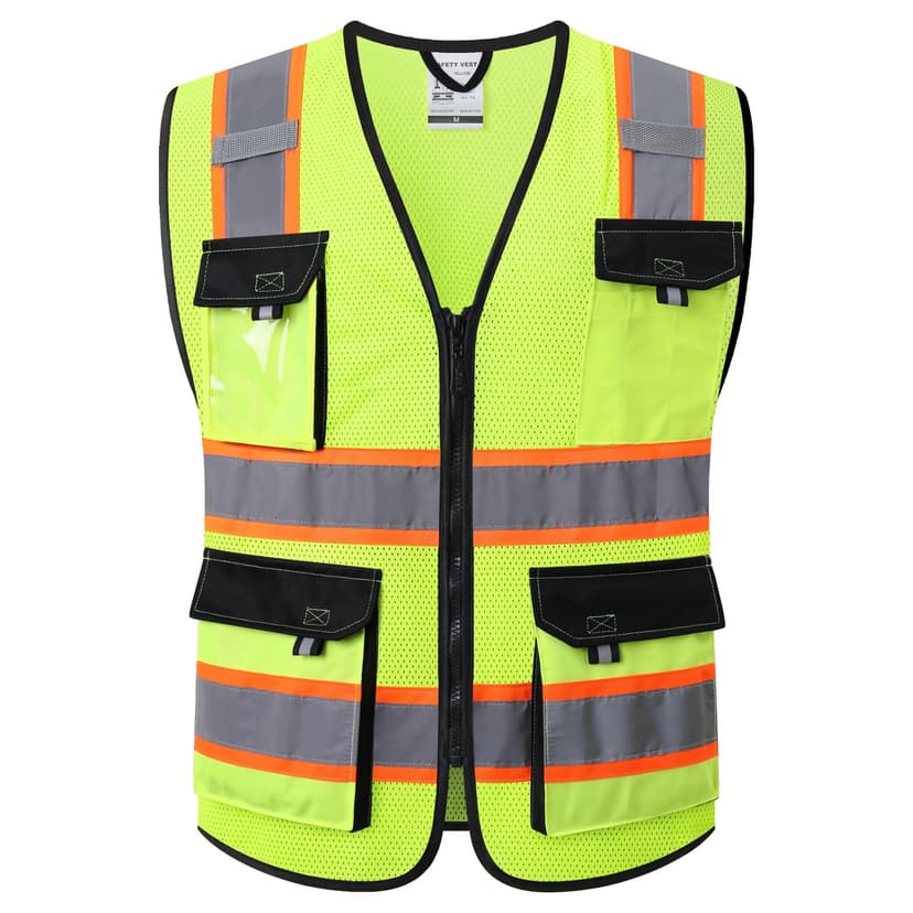 JKSafety Hi Vis Reflective Safety Vests for Men Women High Visibility Vest with Pockets Mesh Fabric Construction Safety Apparel Neon Vest for Work (220-Yellow L)