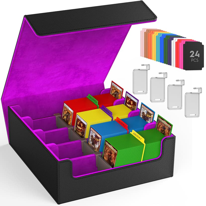 4 Row Trading Card Storage Box, 3200+ MTG Card Storage, Black & Purple | TCG Card Organizer Box with 24 Colorful Dividers and 4 Stands, Bulk PKM Storage, Deck Case Holder Fits for YuGiOh, Game Cards