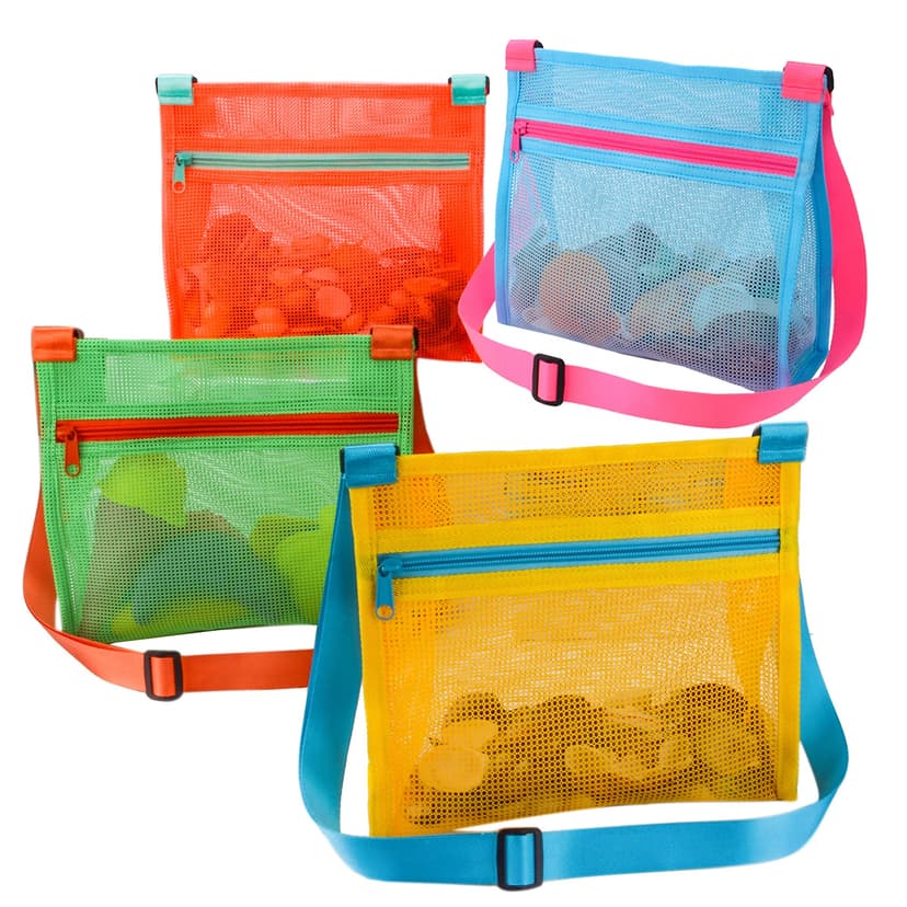 MUYIZI Mesh Beach Bag for Shells Collecting 4 Pack,Shell Bags for Beach,Sea Shell Bags for Picking Up Shells,Beach Shell Bag for Kids, Sand Toys,Beach Toys Swimming Accessories for Boys and Girls