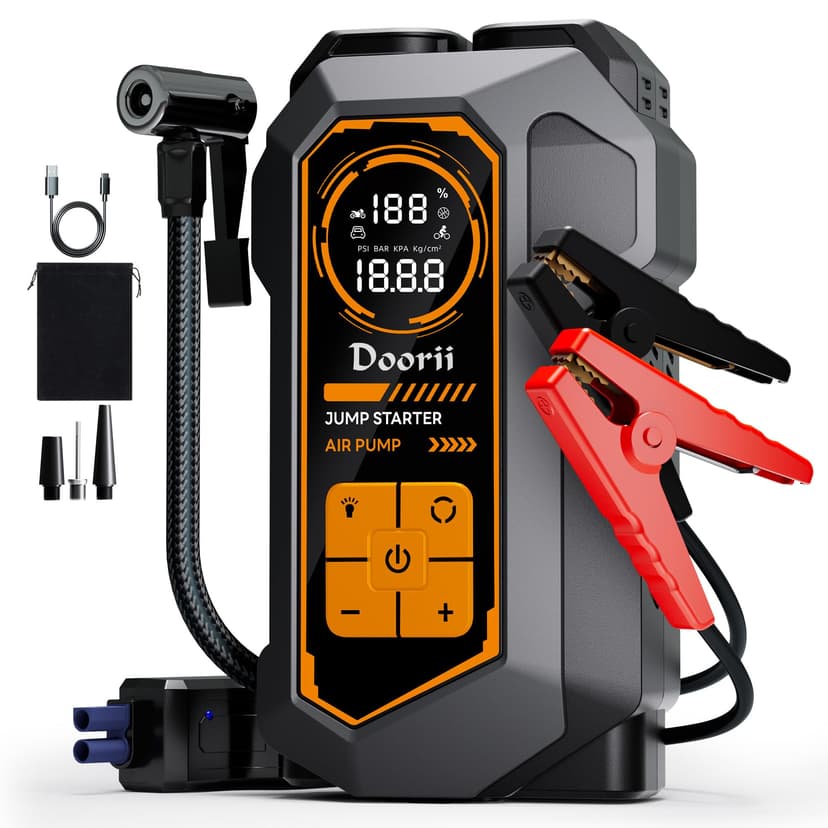 Doorii 6000A Jump Starter with Air Compressor, 10-in-1 Car Jumper Starter Portable, 150PSI Tire Inflator/Air Pump, LED Flashlight for Up to 10.0L Gas / 8.0L Diesel Engines