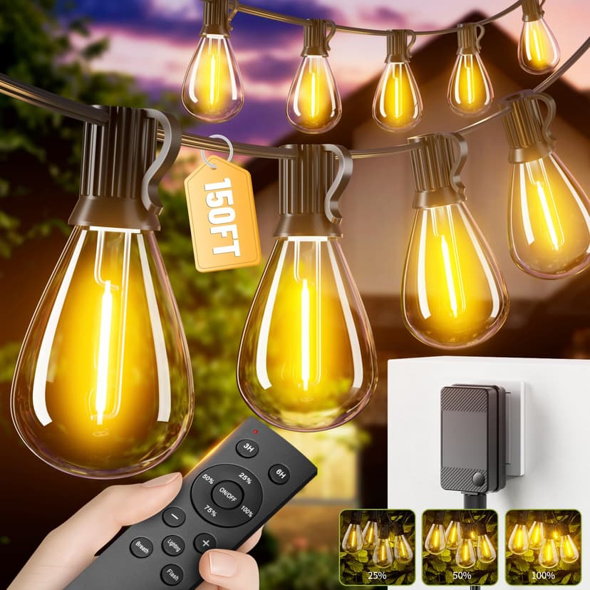 Amzrap 150FT Outdoor String Lights with Remote, Waterproof Patio Lights with 55+2 Shatterproof S11 LED Bulbs,2700K Low Voltage Adapter for Backyard Garden Porch Bistro Decor, Timer & Dimmer Modes