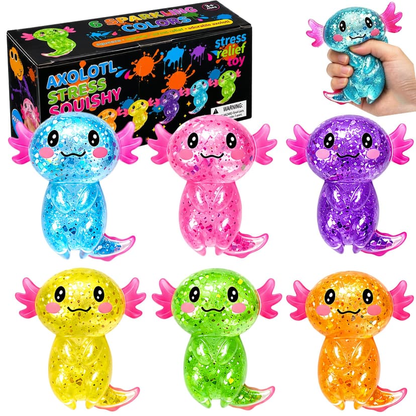 6PCS Axolotl Squishy Stress Relief Toy,Glitter Fidget Squishy Toys,Cute Axolotls Squeeze Toys,Fidget Toys for Kids Youth Adult,Party Favors
