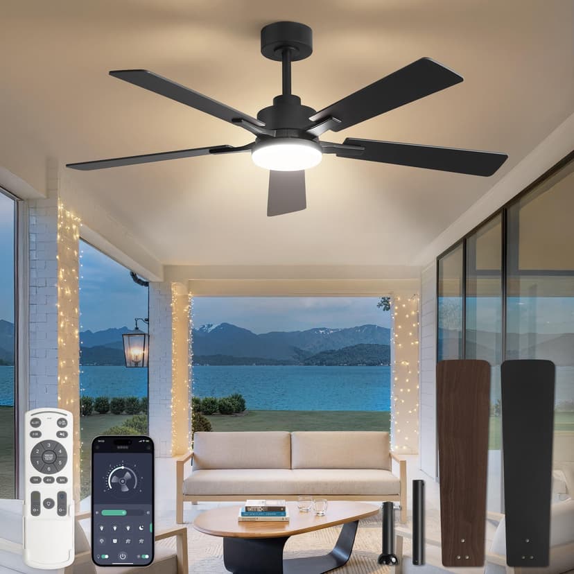 Fanbulous 52 Inch Ceiling Fans with Lights DC Motor, Remote & APP Control | Dimmable, 3CCT, 6 Speed, Memory Function, Timer, Dual-Sided Reversible Blade, Flat/Sloped Ceiling, Living Room, Covered Pati