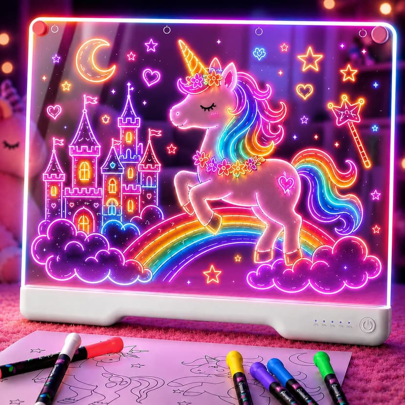Geokay 16" Rechargeable LED Drawing Board with 9-Color Light Effects | Birthday & Christmas Gift Idea for Girls/Boys/Kids/Teens, Doodle Neon Glow Pad with Built-in Stand Tracing Book & 7 Markers