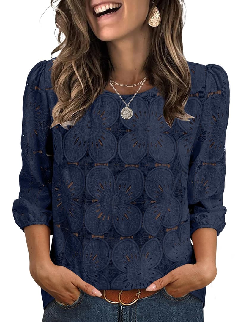 Sampeel Women Blouses Dressy Casual 3/4 Length Sleeve Tops Eyelet Lace Spring Summer Shirts Beach Vacation Clothes