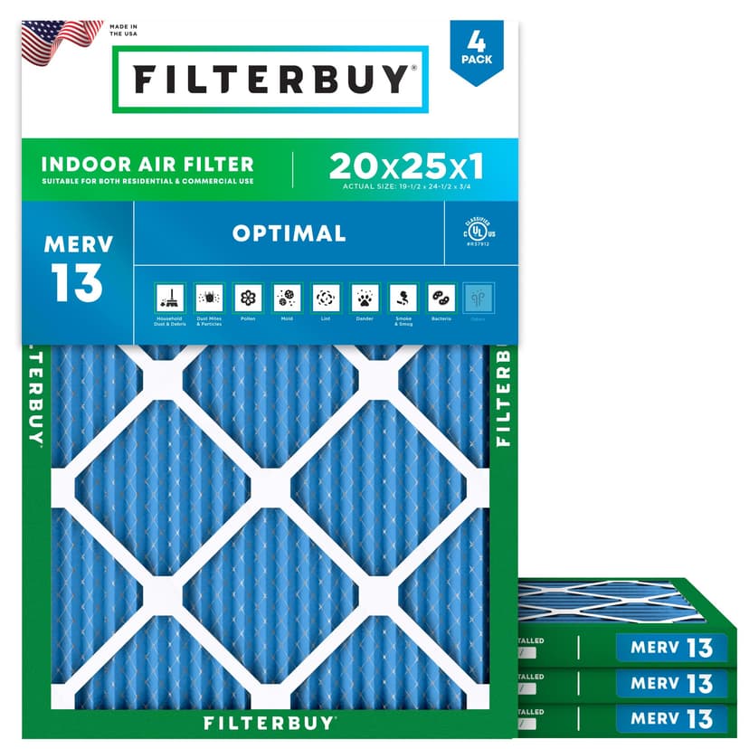 Filterbuy 20x25x1 Air Filter MERV 13 Smoke & Allergy Defense (4-Pack) | Electrostatic Pleated HVAC AC Furnace Filters Replacement, Made in USA (Actual Size: 19.50 x 24.50 x 0.75)