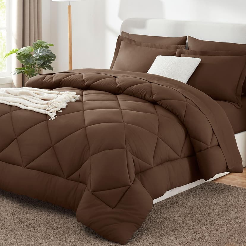 CozyLux Super King Plus Comforter Set Brown - 7 Pieces Bed in a Bag | OEKO-TEX Certified, All Season, 240GSM Down-Alternative Comforter, Sheets, Pillowcases & Shams, 14" Deep Pocket, Easy Care