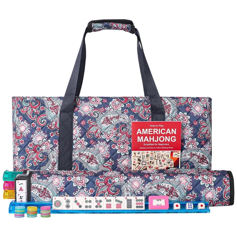 GUSTARIA American Mahjong Game Set, 166 White Tiles, 4 All-in-One Color Rack/Pushers, Complete Mahjong Tile Set, Printed Carrying Bag