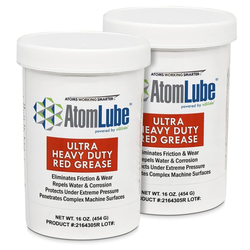 AtomLube Ultra Heavy Duty Red Grease, 2-Pack of 16 oz Jars | High Temp Waterproof NLGI# 2 Lithium Wheel Bearing Grease for Trucking, Automotive, Trailers, & Agricultral Equipment