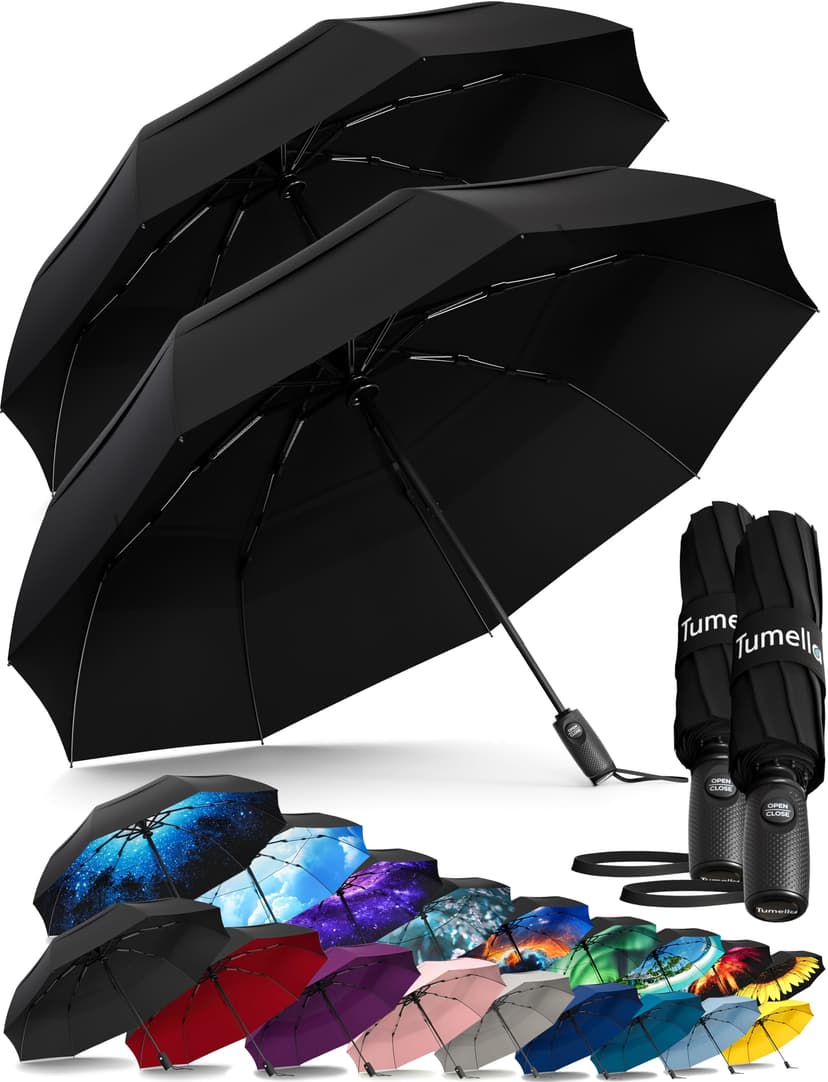 TUMELLA Strongest Windproof Travel Umbrella (Compact, 100MPH Wind-Tested), Light, Portable, One-Handed Use, Automatic Folding Rain Umbrella, Durable, Premium Grip, Fits Car & Backpack