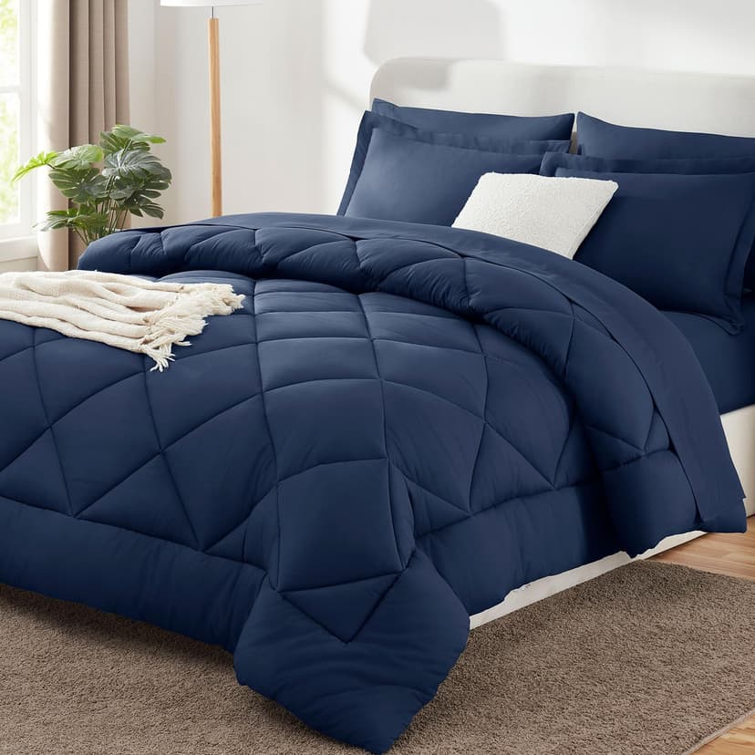 CozyLux Super King Comforter Set Navy - 7 Pieces Complete Bedding Set | OEKO-TEX Certified, All Season, 240GSM Down-Alternative Comforter, Sheets, Pillowcases & Shams, 14" Deep Pocket, Easy Care