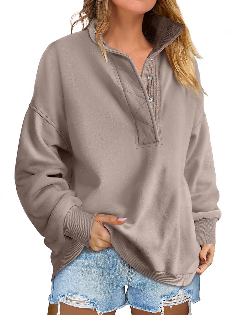 ANRABESS Women's Oversized Sweatshirt Mock Neck Henley 2026 Fall Outfits | Soft Fleece Button Up Pullover Tops,Loose Drop Shoulder Fit,School ＆Daily Casual Outfits, Fall Winter Clothing
