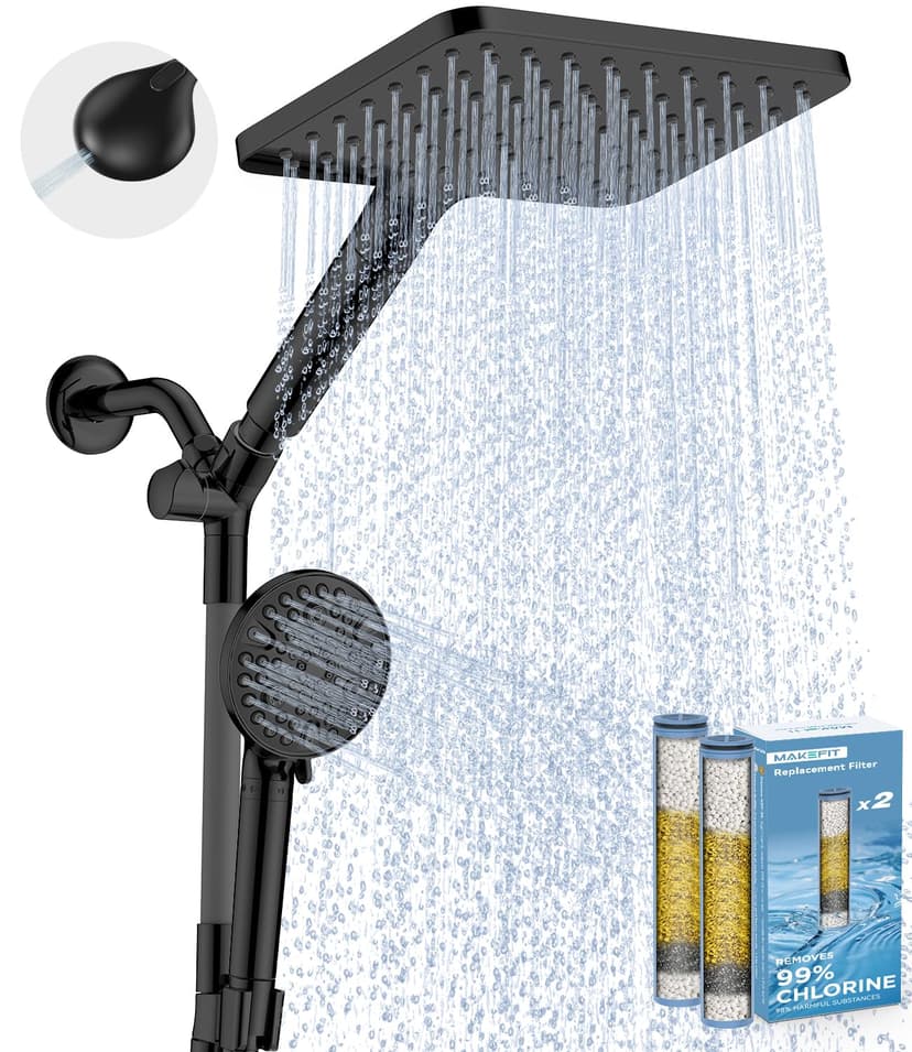 MakeFit Dual Filtered Rain Shower Head Combo, High Pressure Handheld Shower Head with Adjustable Bar - Rainfall Shower Head And Showerhead with Filter for Hard Water - Removes Chlorine