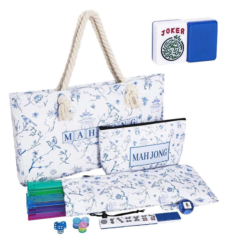 TIASUSAN American Mahjong Tile Set, 166 Blue Tiles, Bag and Mahjong Accessories, 4 All-in-One Rack/Pushers, Mahjong Set Complete