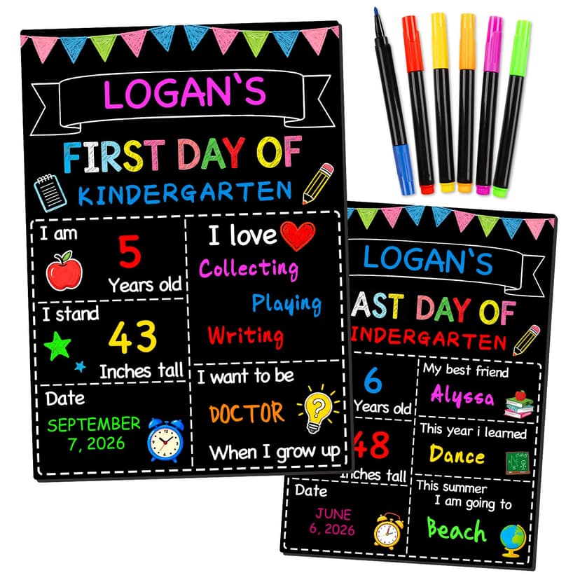 First Day of School Sign 14"x10" with Chalk Markers Double-Sided First and Last Day of School Board Reusable Wooden Colorful Chalkboard for Grades 1-12 Kindergarten Pre K Photography