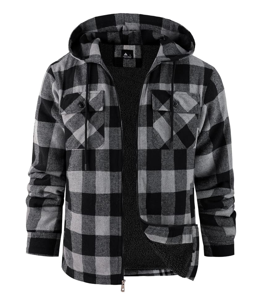 ZITY Mens Flannel Hooded Jacket Fleece Sherpa Lined Plaid Zip Up Sweatshirt | Warm Fall Winter Shirts Jackets Coat, Thick Outwear with 4 Pockets, Outdoor, Hiking, Camping, Work, Streetwear, Daily Casu