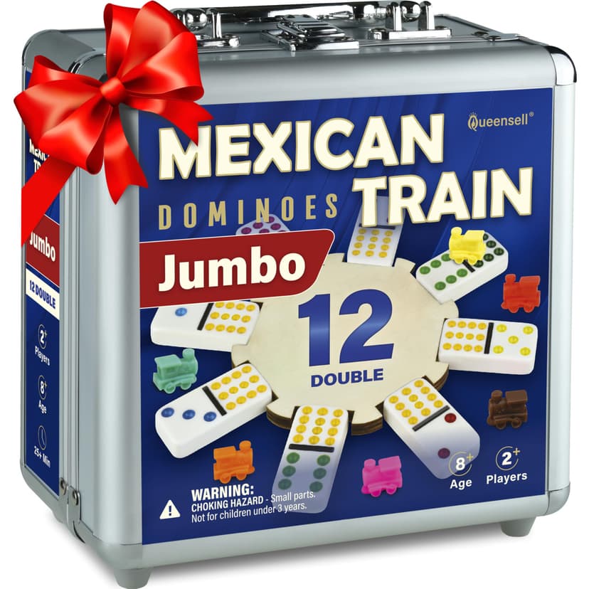 Queensell Mexican Train Dominoes Set with Jumbo Tiles – Double 12 Dominoes Set for Adults, 91 Tiles with Colorful Dots, Wooden Hub, Train & Aluminum Case