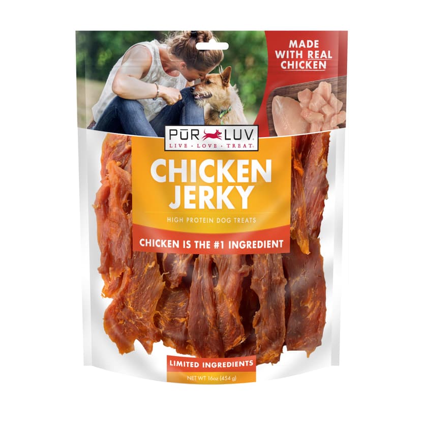 Pur Luv Chicken Jerky Dog Treats, Made with 100% Real Chicken Breast, 16 Ounces, Healthy, Easily Digestible, Long-Lasting, High Protein, Satisfies Dog's Urge to Chew | 3-ingredient jerky: whole-muscle