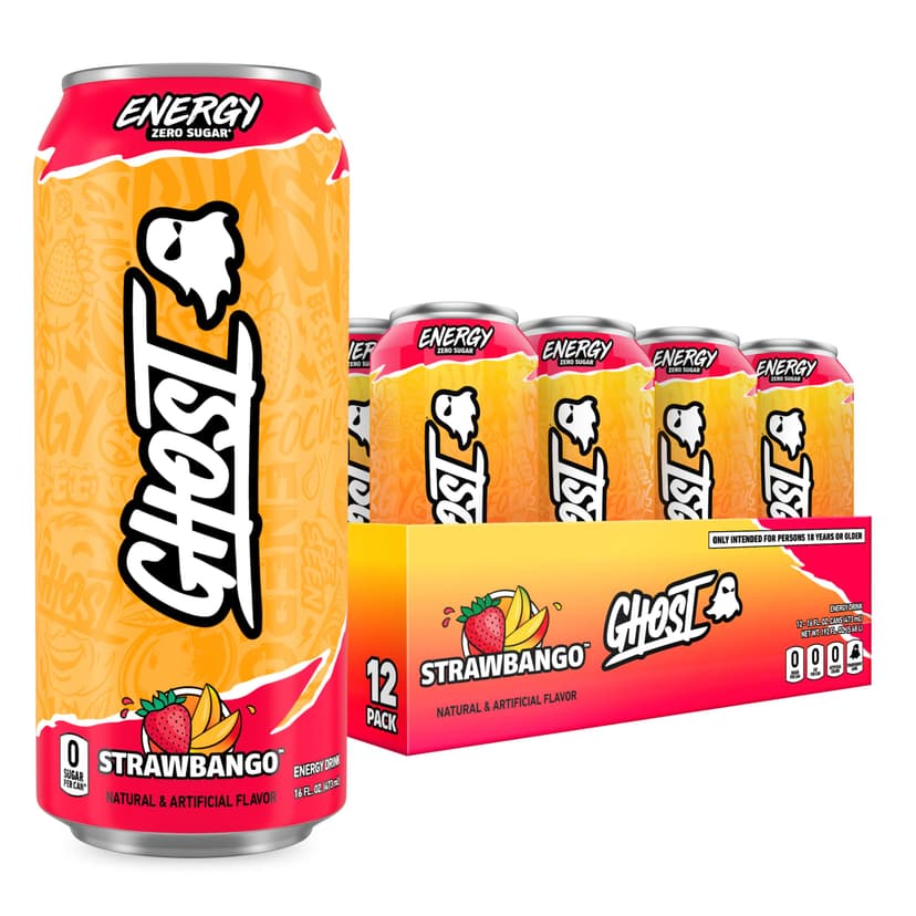 GHOST Energy Drink, Zero Sugars, 12-Pack, Strawbango - 200MG Caffeine, 16oz | Energy & Focus Pre Workout Drink, No Artificial Colors, Gluten-Free, Vegan - 200MG Natural Caffeine, L-Carnitine, Taurine