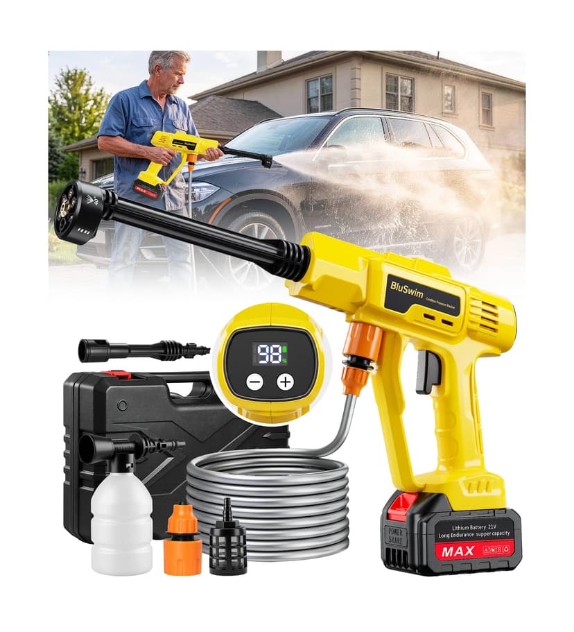 BluSwim Cordless Car Cleaning Tool with LCD Display, Portable Vehicle Cleaner with Brushless Motor, 3 Levels Adjustable Battery Powered Water Sprayer with 16.5FT Hose, 6-in-1 Nozzle for Patio - Yellow