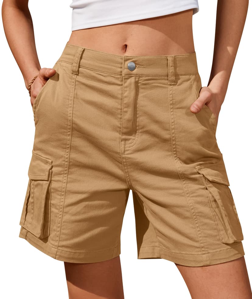 IVIR Bermuda Shorts for Women Cargo Shorts Knee Length 6 Pockets Elastic Waist Long Shorts for Summer Casual
