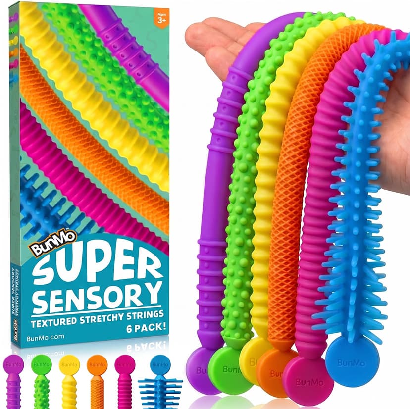 BUNMO Stretchy Strings - Stimulating & Fun Fidget Toys for Kids - Hours of Fun - Non-Mouthable Toy 3+ - Super Sensory 6 Pack