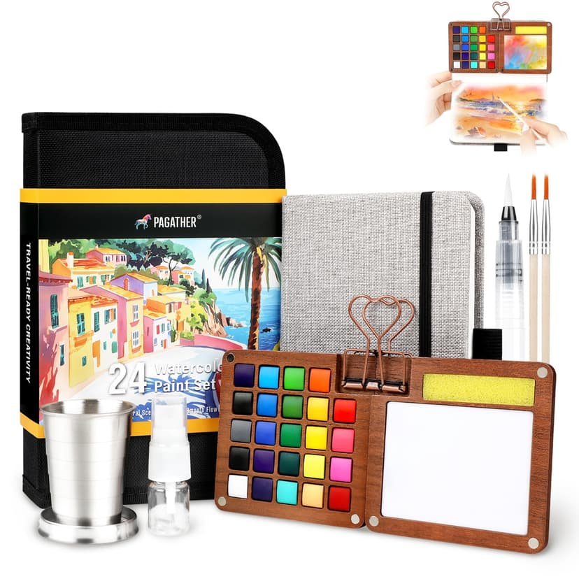 Pagather Travel Watercolor Travel Set, 24 Colors Mini Portable Paint Kit | Includes Water Brush and Compact Design, Perfect for Beginners, Hobbyists and Artists to Create Beautiful Paintings Anywhere