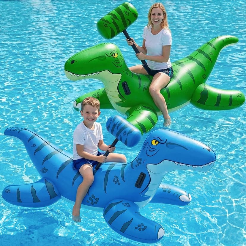 Jasonwell Pool Games Toys Floats -2Pack Inflatable Dinosaur Pool Floats with Blow Up Toy Hammers Ride on Pool Floaties for Kids Teens Adults Lounge Raft Summer Lake Beach Party Decorations