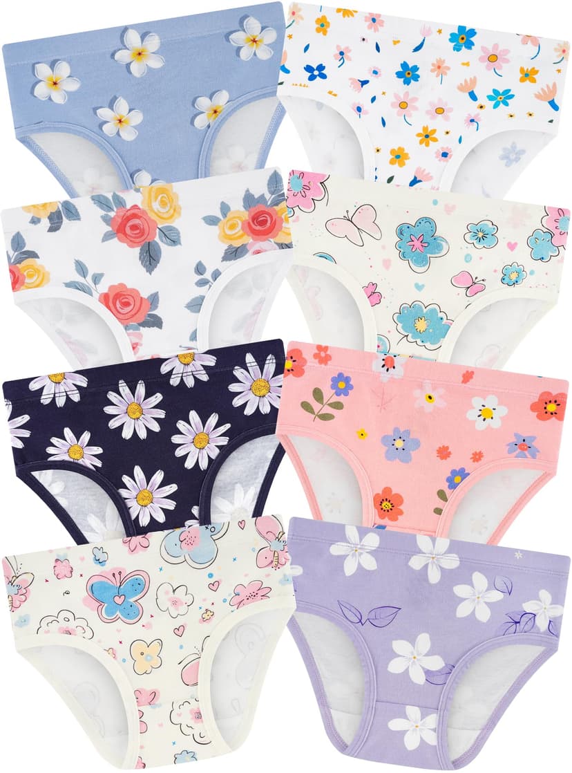 Girls Underwear, Soft Cotton Tagless Breathable Panties, 8-Pack, 18M-12Y | Combed Cotton, True-to-Size, Tagless, Full Coverage, Assorted Prints, Stretchy Fabric, Durable Stitching, Low Shrinkage