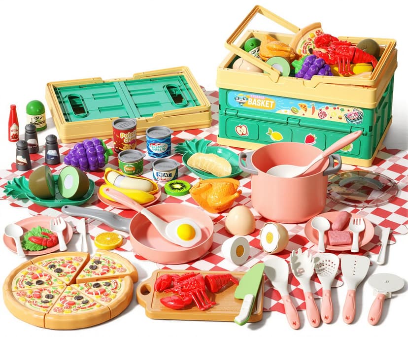80pcs Pretend Play Kitchen Set for Toddlers, Kids Cookware Playset with Pots/Pans/Food/Fruits/Vegetables/Picnic Blanket/Storage Basket, Pink Educational Learning Toy Gift for Boys & Girls