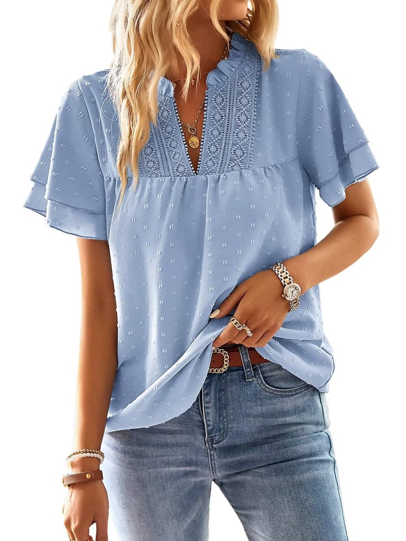 Falechay Womens Tops Boho Flowy Shirts Dressy Casual Short Sleeve Blouses | V Neck Loose Fit Blouses, Business Work, Hide Tummy, Lace Ladies Summer Outfits, Swiss Dot, Babydoll Crochet Clothes XS-6XL