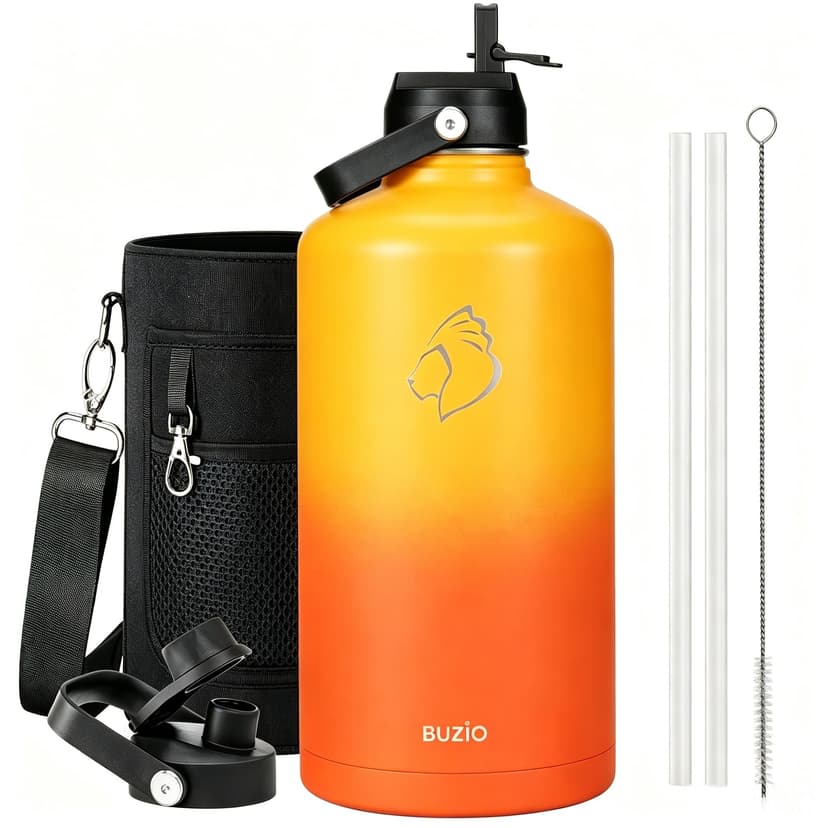 BUZIO 128oz Gallon Water Bottle, Insulated Water Jug with Straw Lid and Carrying Sleeve (Cold for 48 Hrs) Stainless Steel Hydro Metal Canteen Water Flask, Yellow Orange