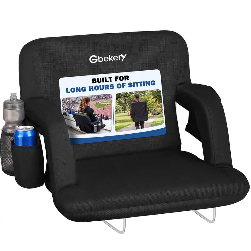 Gbekery 25” Extra Wide Stadium Seats with Back Support for Bleachers 1 Pack | Padded Bleacher Chair with Armrests, 6 Adjustable Reclining Positions, Portable Seats for Football Games, Sports Events