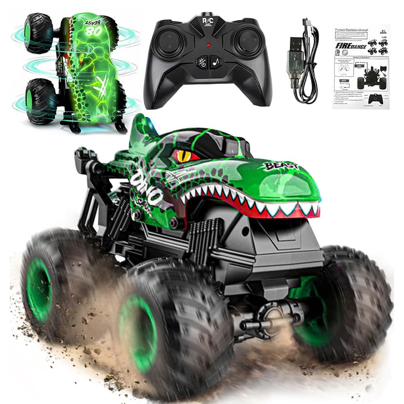 BEZGAR Monster Truck Toys - Remote Control Monster Truck with Light & Music, Dinosaur Toys for Kids, 1:20 Scale RC Truck with 360° Spins and Drifting, Remote Control Car for Boys 4-7